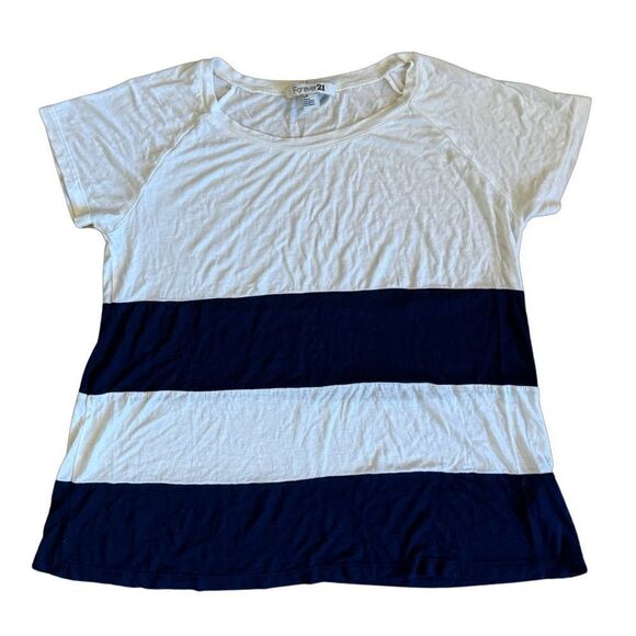 ❤️🔥Forever 21 Blue & White Chunky Stripes Oversized Tee Shirt - Size Small - Picture 1 of 5